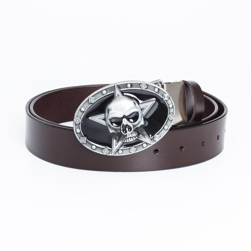 Lotte Jinsen Retro Leather Skull & Star Youth Belt, Trendy Fashion Cowhide Waistband