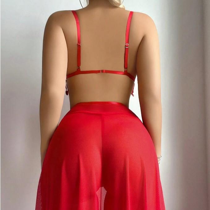 Sexy shiny hollowed-out women's underwear, long skirt set