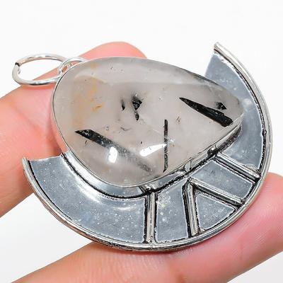 Natürlicher Schwarzer Rutil Edelstein Handgefertigter 925 Sterling Silber Anhänger 2.01" G5q18