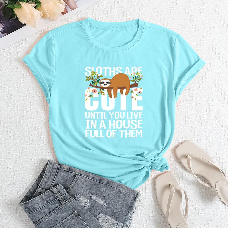 Summer Women's Fashionable Letter Sloth Short Sleeved Casual Loose Cotton Round Neck Top