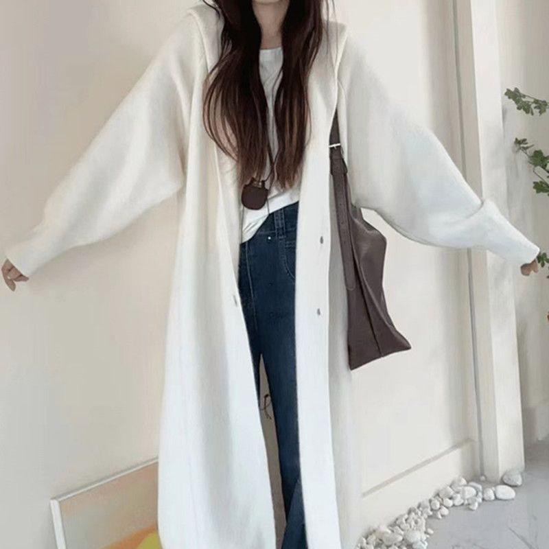 Cozy Hooded Long Knit Cardigan - Thick, Loose Mid-Length Sweater for Autumn/Winter