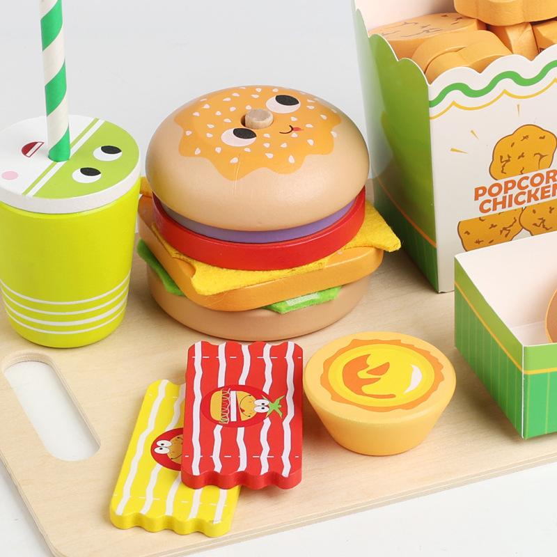 Wooden Children's Early Education Simulation Burger Fries Sandwich Set Play House Puzzle Kitchen Assembly Building Block Toy