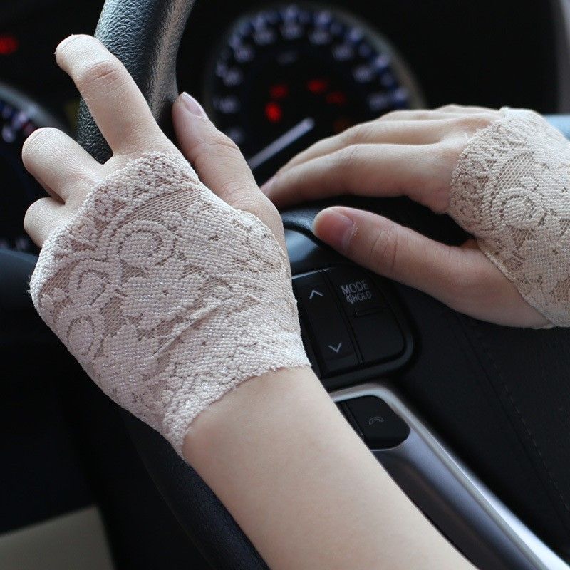 

Summer Women s Lace Short Half Finger Scar Blocking Tattoo Tiger Mouth Gloves Thin Half Finger Exposed Fingerless Gloves Khaki (length 10cm) All yards