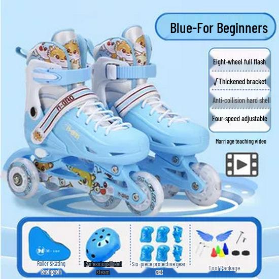 

518 Дитячий регульований набір роликових та льодових ковзанів з підсвічуванням для початківців - однорядні/дворядні для хлопчиків та дівчаток Large (37-40) Eight Flash Wheels