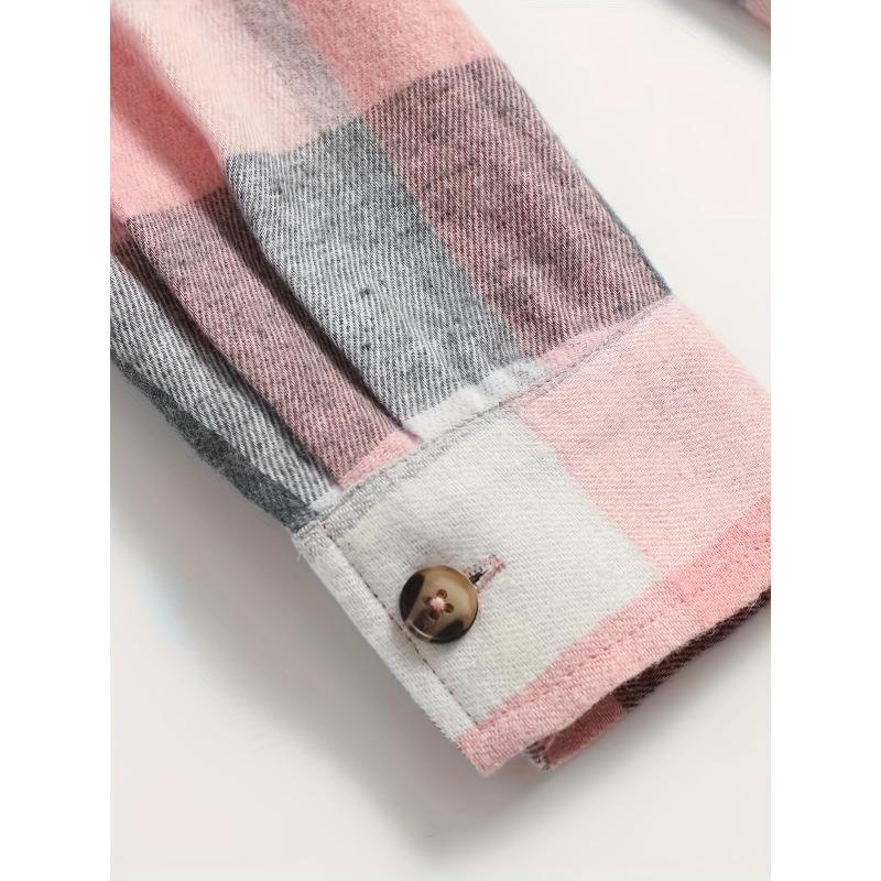 [Pink Plaid Shirt] Lightweight Breathable Pink Plaid Shirt | Women's Casual Short Sleeve Summer Top with Collar - Button-Up Blouse