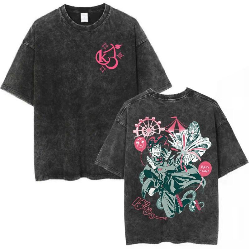 Vintage Washed Anime Jojo Bizarre Adventure T-shirt Giorno Giovanna Manga Graphic T-shirts Men's Clothing Cotton Casual T shirts