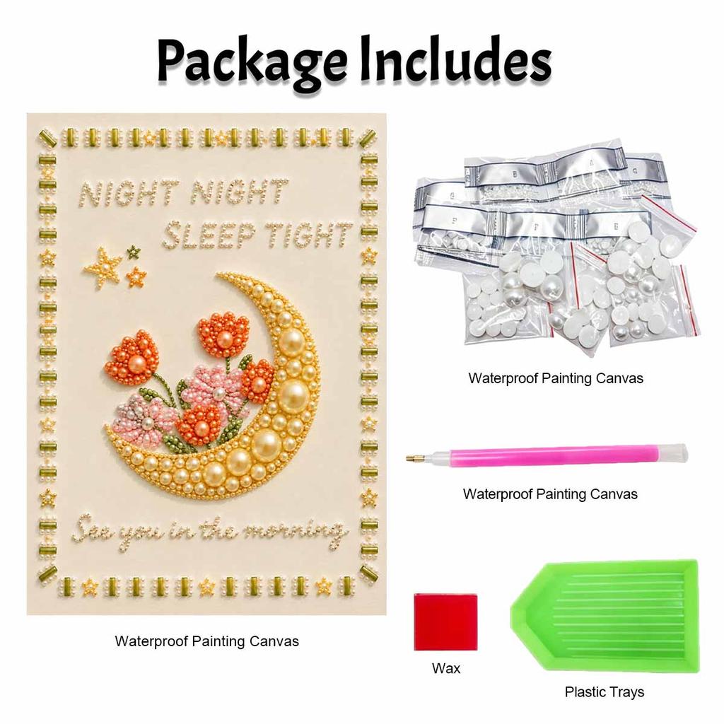 Unique 5D Framed Pearl Painting Kit with Moon Flower Star Lettering Sparkling Bead Art Canvas DIY Handmade Craft for Living Room Decor