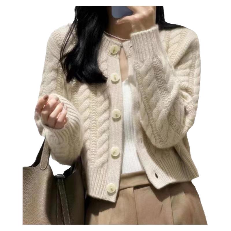 Women's Autumn Wool Cardigan - Round Neck Twist Knit Sweater, Solid Color Loose Fit