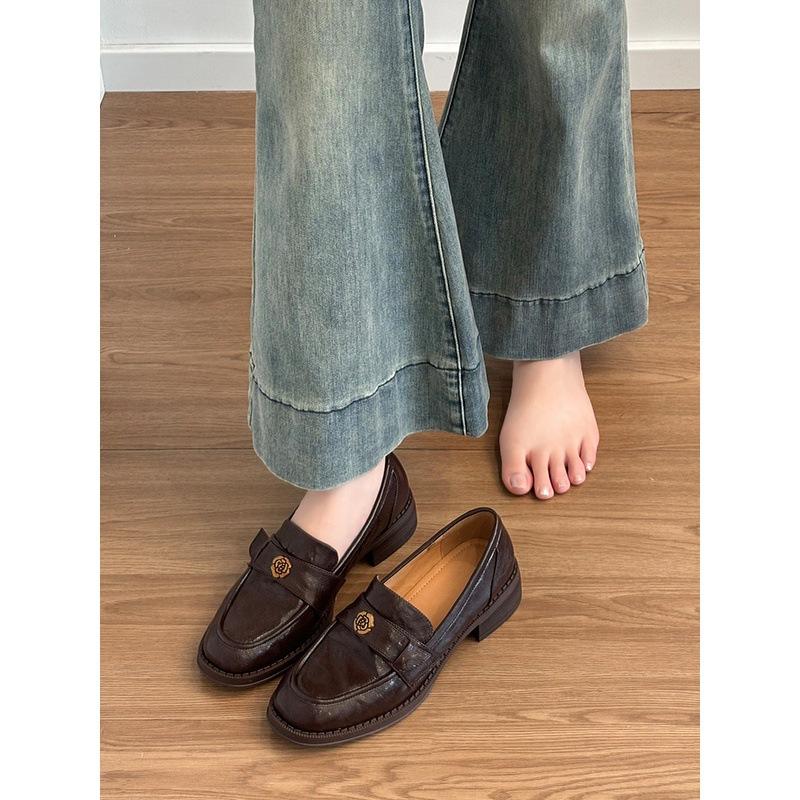 Cowhide version~ genuine leather new platform camellia one-pedal loafers women's British style retro small leather shoes single shoes