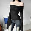 Y2k estetyczne damskie przezroczyste koszulki głęboki dekolt z długim rękawem jednokolorowe t-shirty na co dzień Vintage Off Shoulder seksowne urocze koszulki