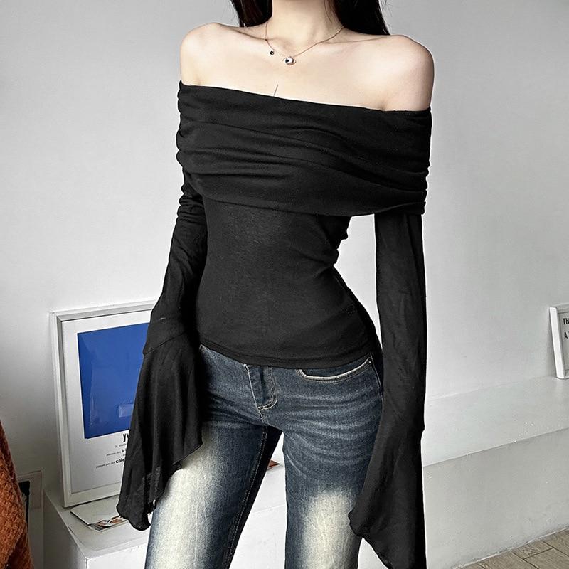 Y2k estetyczne damskie przezroczyste koszulki głęboki dekolt z długim rękawem jednokolorowe t-shirty na co dzień Vintage Off Shoulder seksowne urocze koszulki