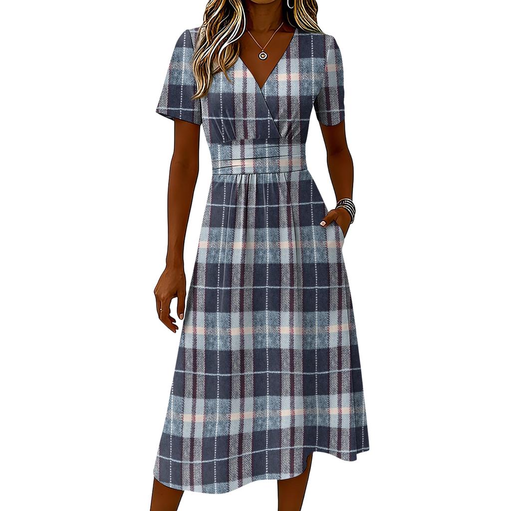 Ladies' Plaid Casual Fashionable Short Sleeved V-neck Dress