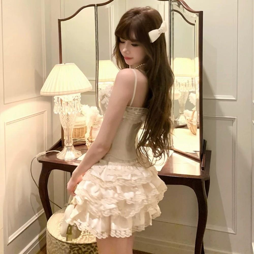 Vintage Bow Lace Sling Top Tank Chic Slim Ruffle Short Skirt Sleeveless Sexy Outfit Fluffy Cake Skirt Spicy Girls