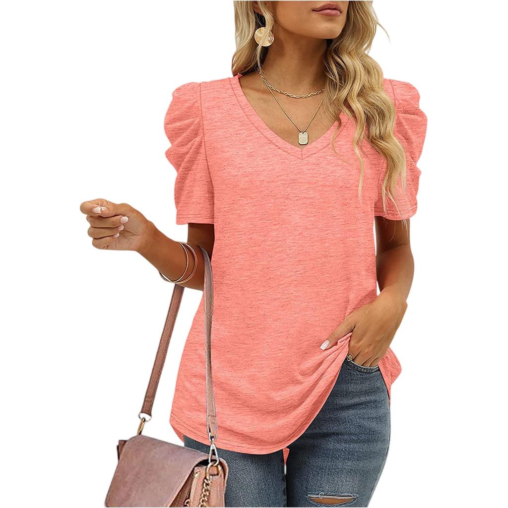 Women's Casual Ruffled Patchwork V-Neck Short Sleeve T-Shirt Top