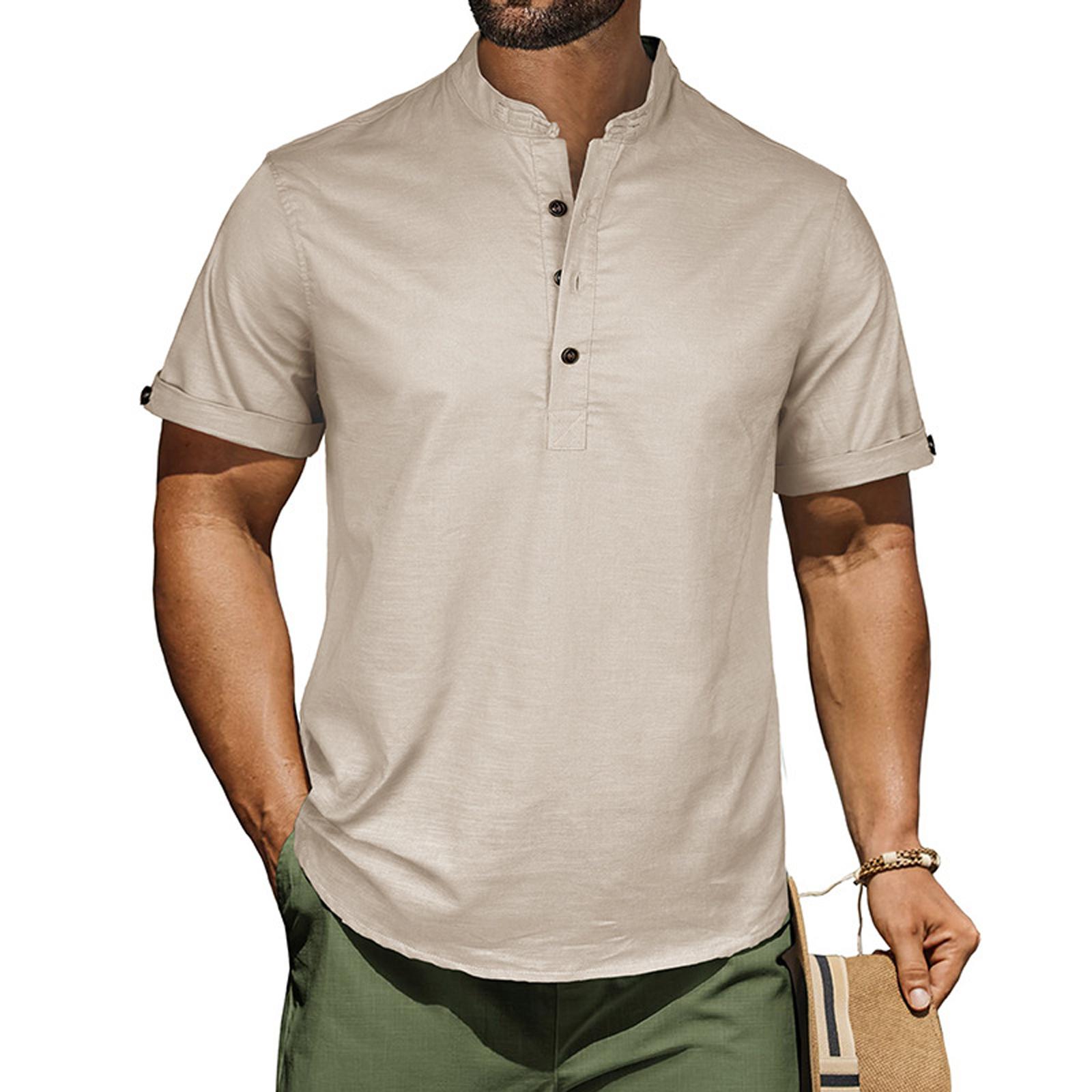 

Men s Casual Shirt Short Sleeve Band Collar Linen Shirt Summer Beach Hippie T-Shirts M хакі