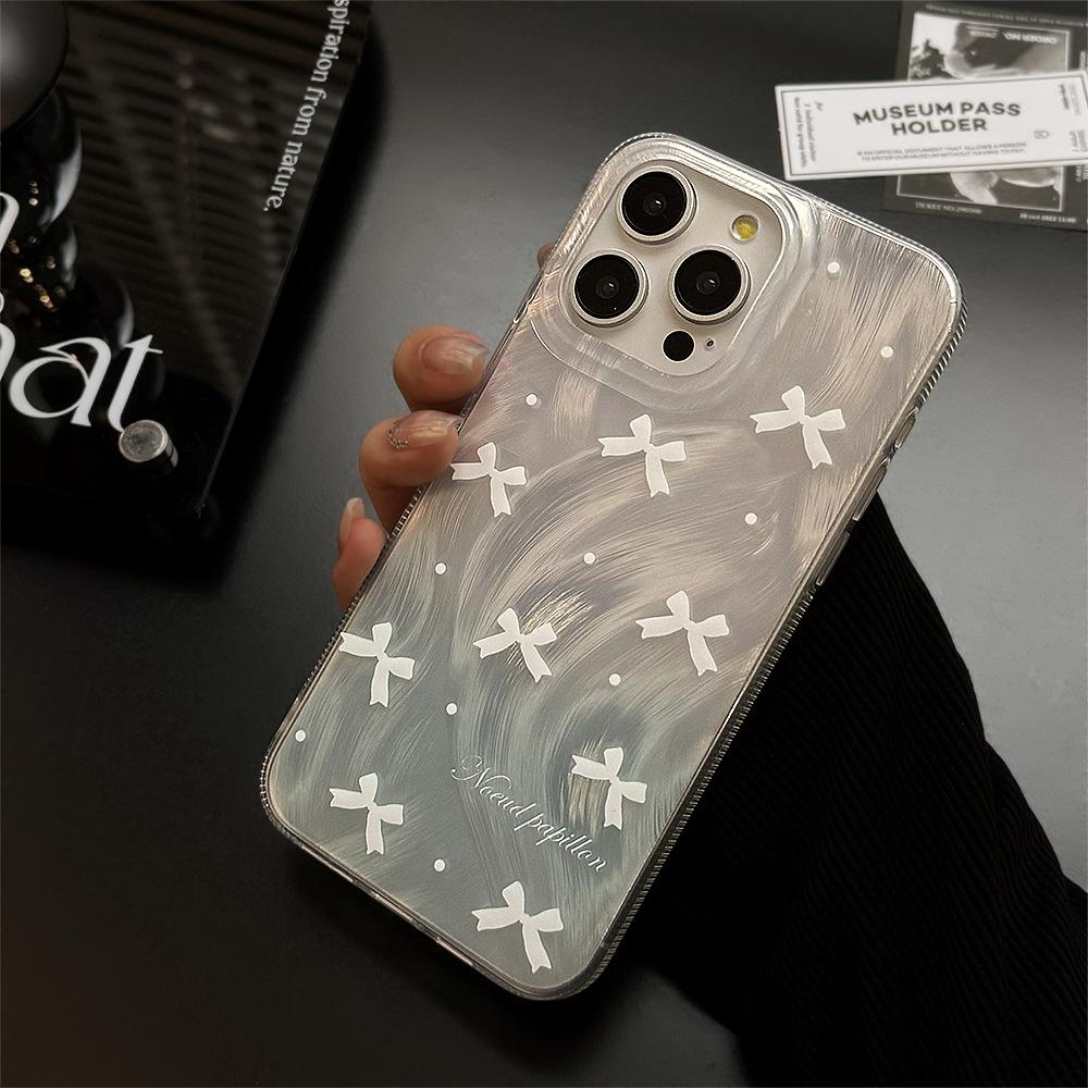 Korean Style Ins Blue and White Bow Suitable for Apple 15 Mobile Phone Case Iphone16pro Max Feather Yarn 12 Niche 14