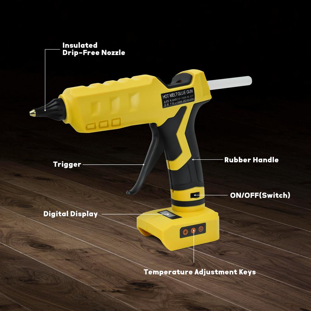Cordless Glue Gun for Dewalt 20V Battery with Cable & 10Pcs Sticks LCD Digital Display Dual Power Supply Hot Gun Kit(No Battery)