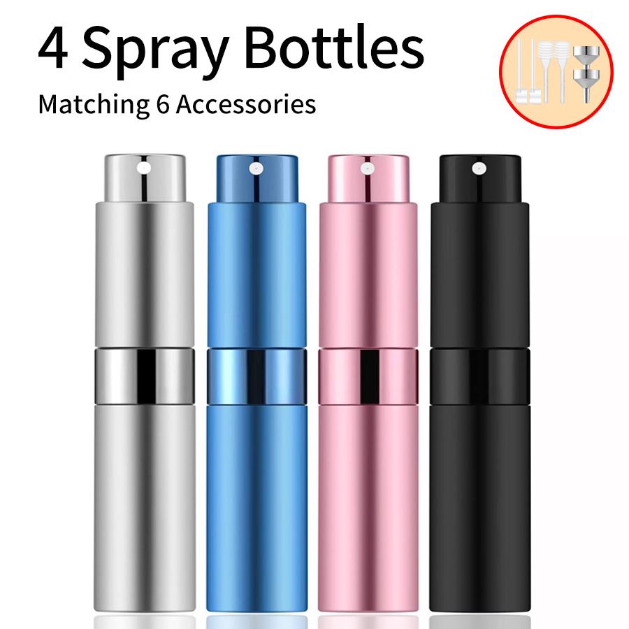 4PCS+6 Accessories Perfume Atomizer Refillable with 5 Spray Bottles, 2 Aluminum Funnel, 2 Dispensing Shenanigans, 2 Spring Straw