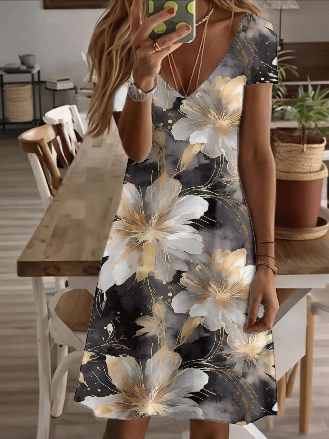 

Vneck shortsleeve midi dress elegant floral print pattern 3D premium printing durable casual fashion summer women’s outfit chic lightweight comfort st S дубильная кора