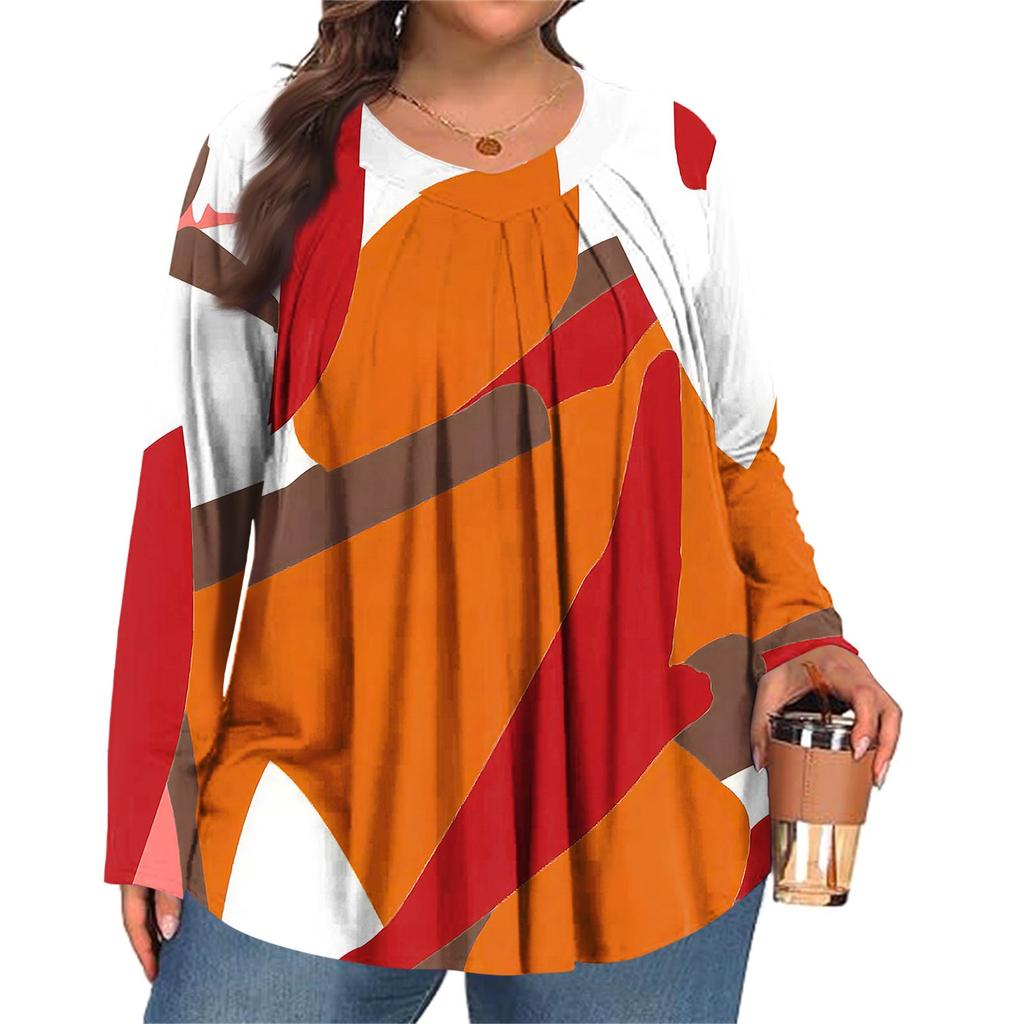 Women's Plus Size Fashion  Printed Casual Pleated Round Neck Long Sleeve Top