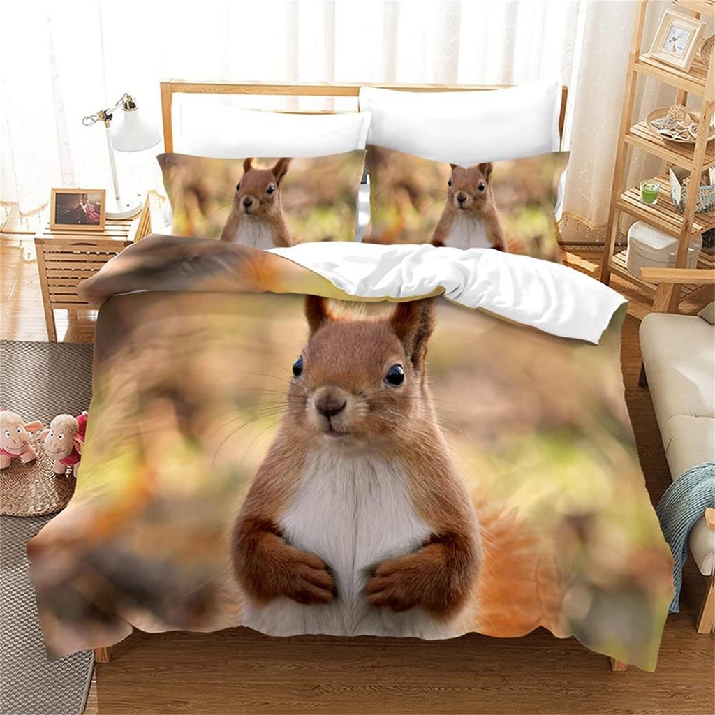3D Squirrel King Queen Duvet Cover Lovely Animal Bedding Set For Kids Teens Adults Wildlife Green Leaves Soft 2/3pcs Quilt Cover