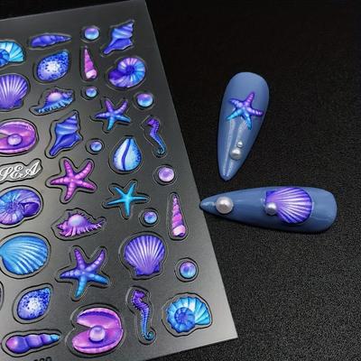 5D Embossed Ocean Theme Nail Art Stickers With Starfish Bell Design, Nail Art Decals For Nail Art Decoration