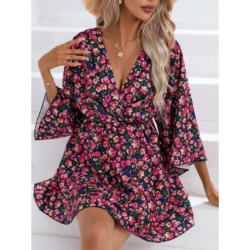 Women's Dress Summer Print Seven Quarter Sleeves V-neck Foreign Trade Women's Clothing Casual Dresses