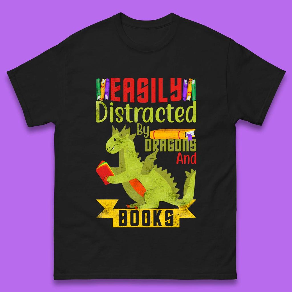 Easily Distracted By Dragons & Books Mens T-Shirt Womens Tops Tees
