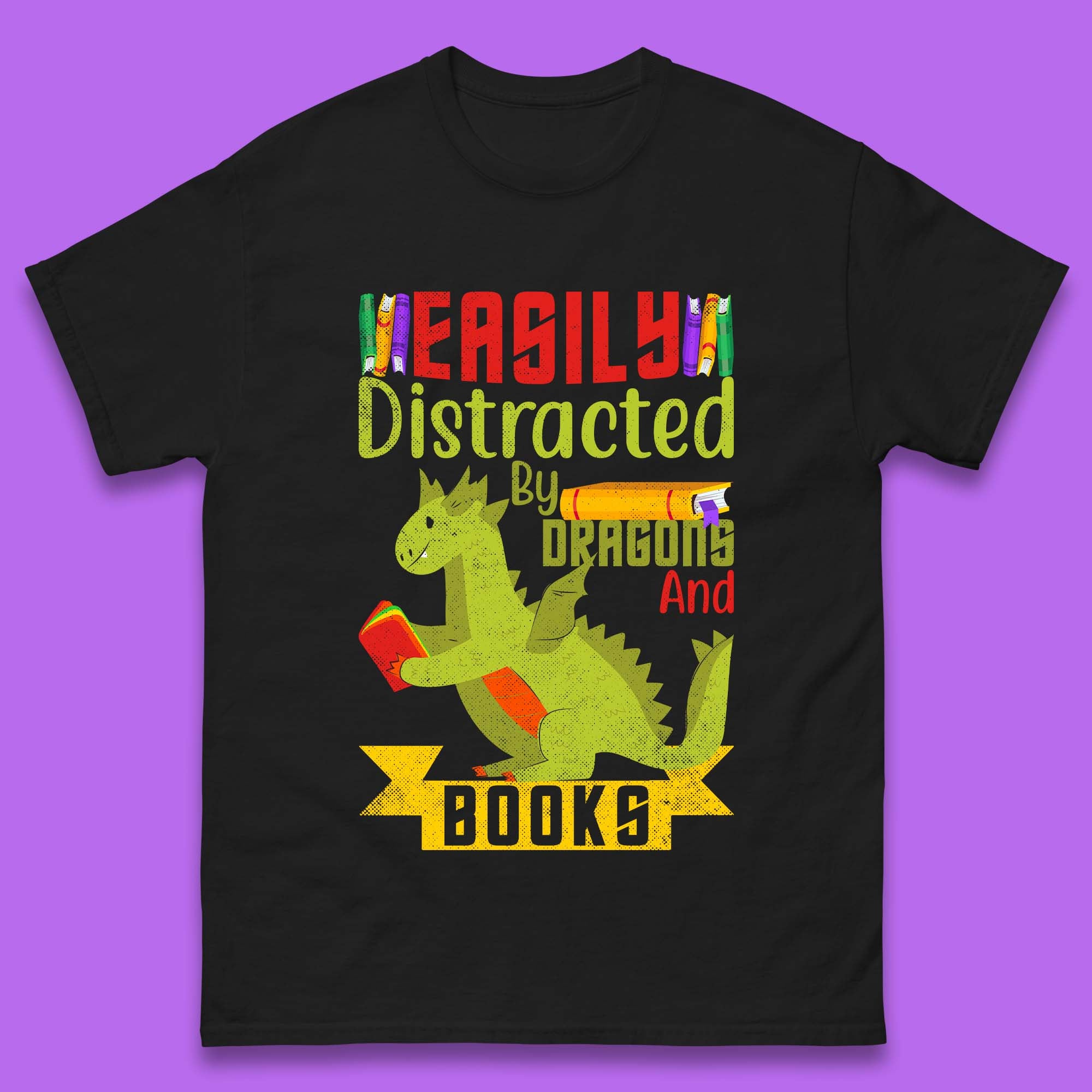 Easily Distracted By Dragons & Books Mens T-Shirt Womens Tops Tees 3XL