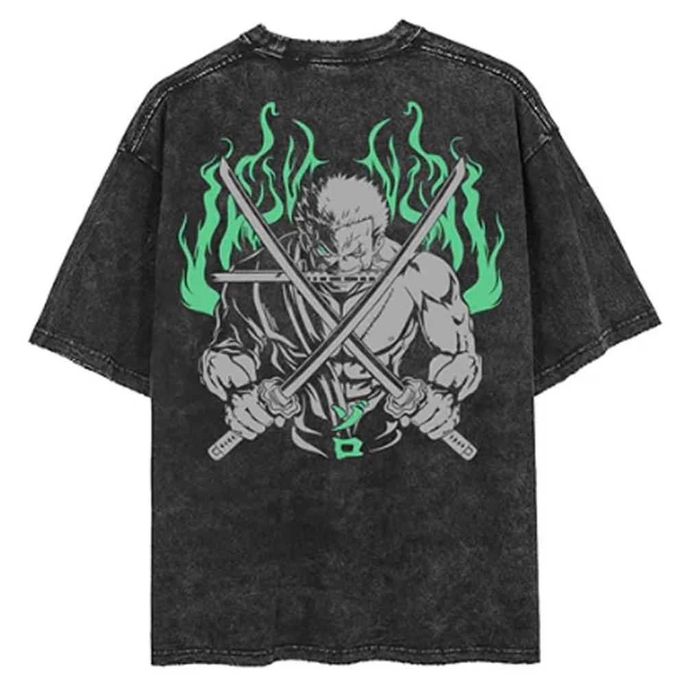 Anime ONE PIECE Zoro Harajuku Retro Washed T-shirt Cotton Men s Streetwear Oversized Women s Short-sleeved Top L