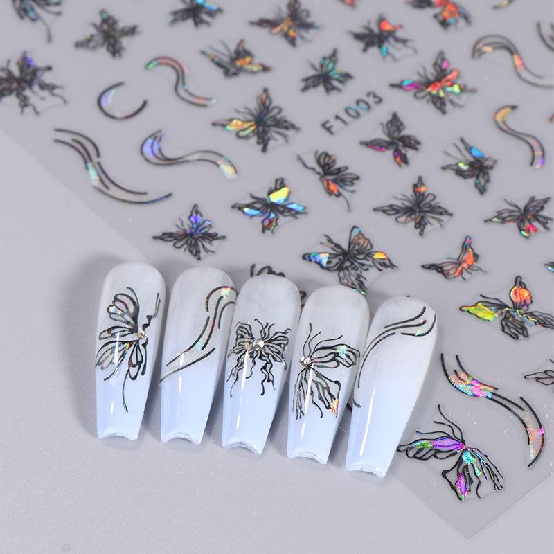 1PCS Black White Butterfly Laser Nail Stickers Nail Art Decoration Abstract Lines Bronzing Flowers Stickers For Nails