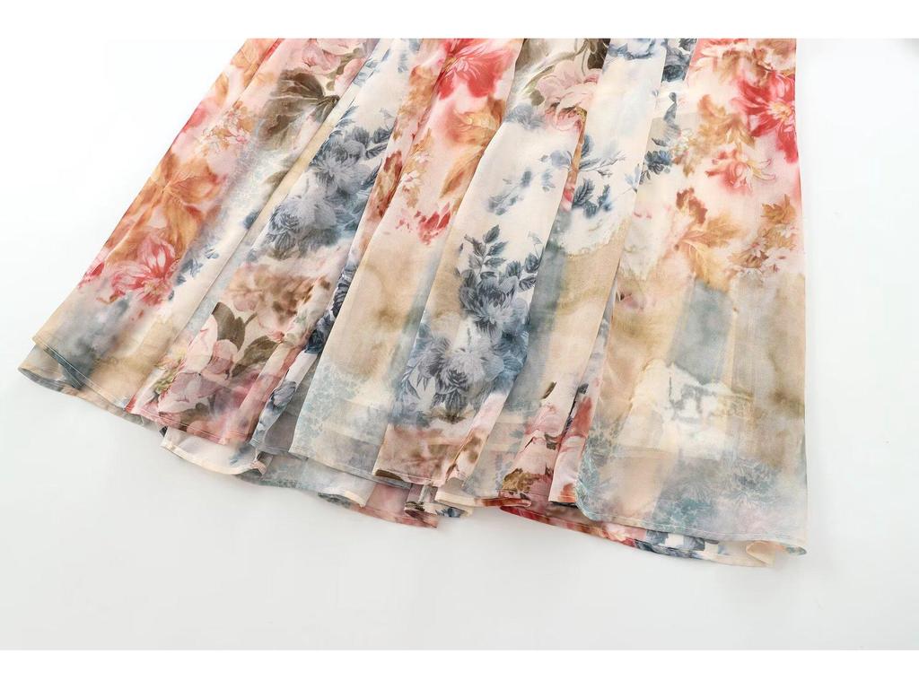 Květinové midi šaty s výstřihem do V a páskem - Dámský evropský a americký styl 2025 Jarní/podzimní kolekce