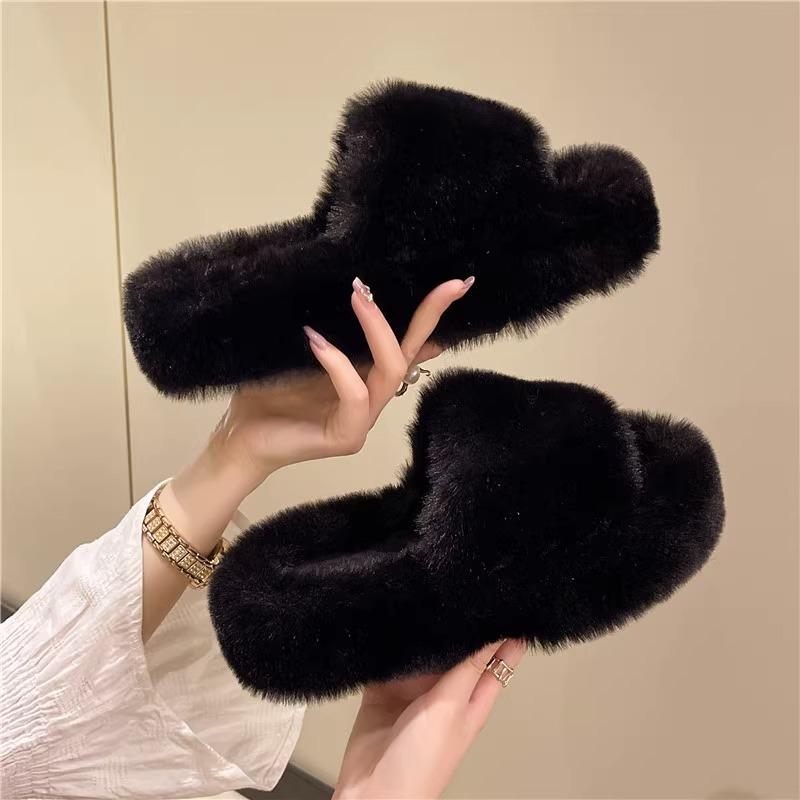 Height-increasing thick-soled fluffy slippers women's autumn and winter outer wear fluffy shoes one-word ins home home plush drag spring and summer