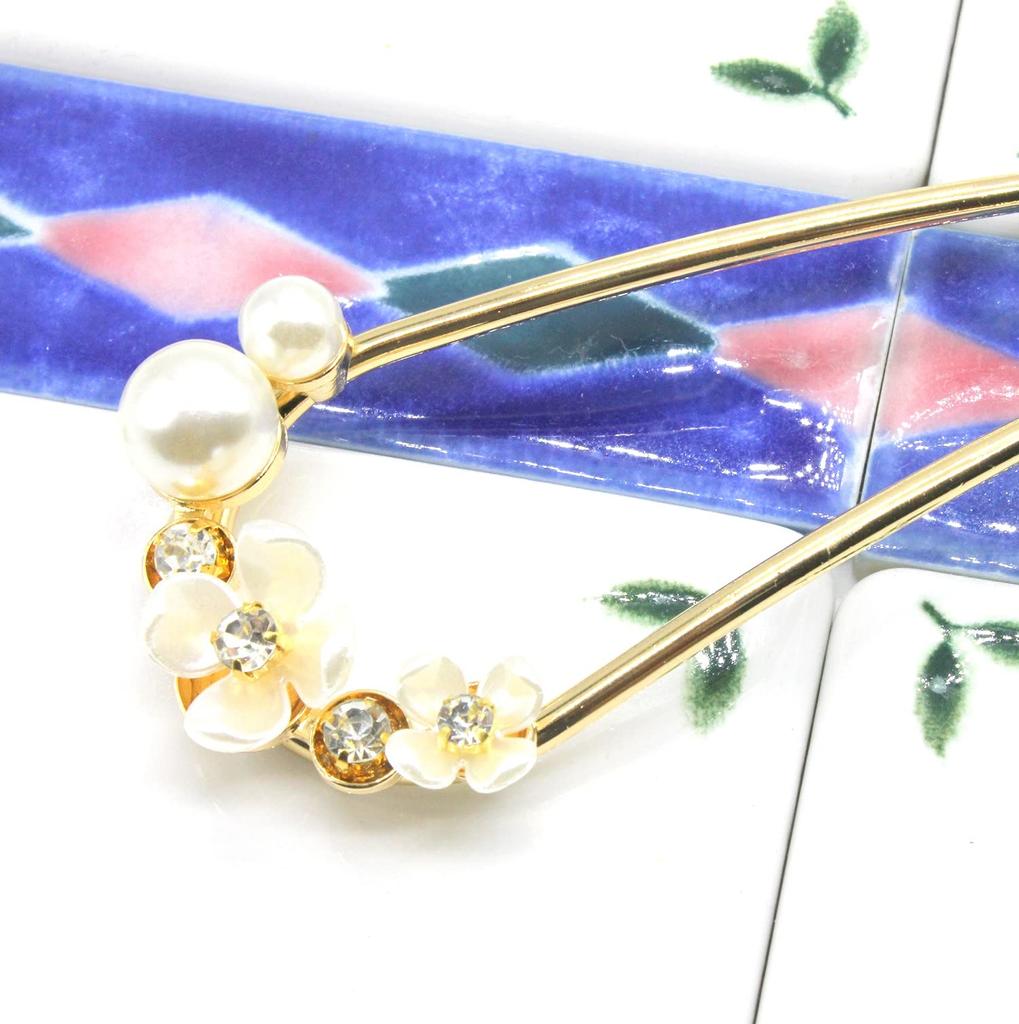 Miaomyao Hairpin Drumstick Hair Ornament Japanese Style Tomesode Metal Cubic Zirconia Flower Plum Blossom White Plum Pearl Bijou Comb Hair Accessory