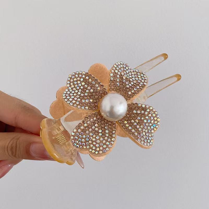 Rhinestone Pearl Four-Leaf Clover Hair Claw Clip for Women - Bun & Ponytail Accessory
