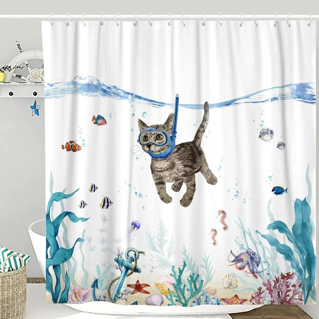 Funny Cat Shower Curtain, Dinosaur Cat Dog Animal Shark Funny Ocean Coral Goldfish Bathtub Bubbles Kids Cartoon Bathroom Decor