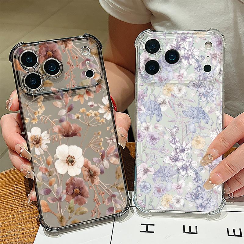 Floral Flower Patterned Silicone Phone Case For iPhone 17 Pro Max 16 15 14 Pro Max 13 12 Pro 11 Shockproof Soft TPU Clear Cover