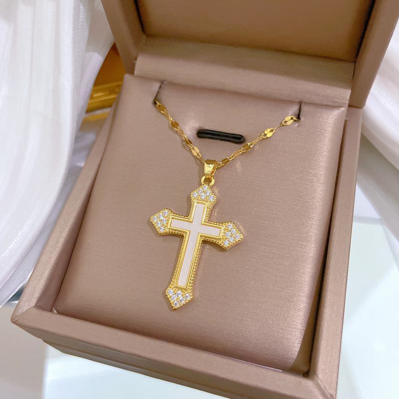 Shell Cross Light Luxury Temperament Gorgeous Full Diamond Necklace Women'S Versatile Collarbone Chain Titanium Steel Chain