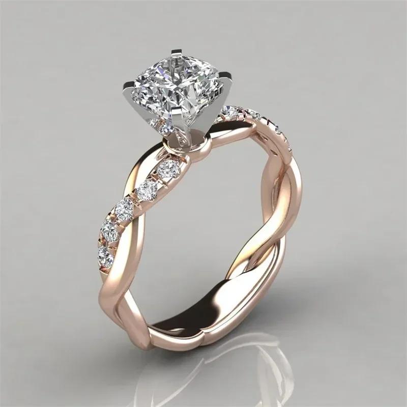 Rose Gold Inlaid Princess Diamond Ring European And American Style High-Quality Sparkling Jewelry For Ladies