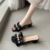 Women Slides Faux Pearl Decor Ruffle Trim Sandals Open Toe Wear-resistant Slippers Summer Sandy Beach Sandals Women Shoes