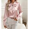 Standing Collar Bow Long Sleeved Women's Satin Shirt, Elegant and Slim Fit, Suitable for Commuting To Work