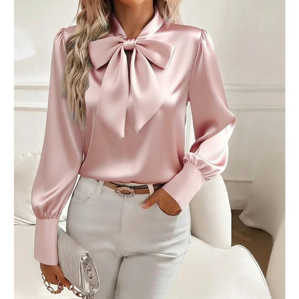 Standing Collar Bow Long Sleeved Women's Satin Shirt, Elegant and Slim Fit, Suitable for Commuting To Work