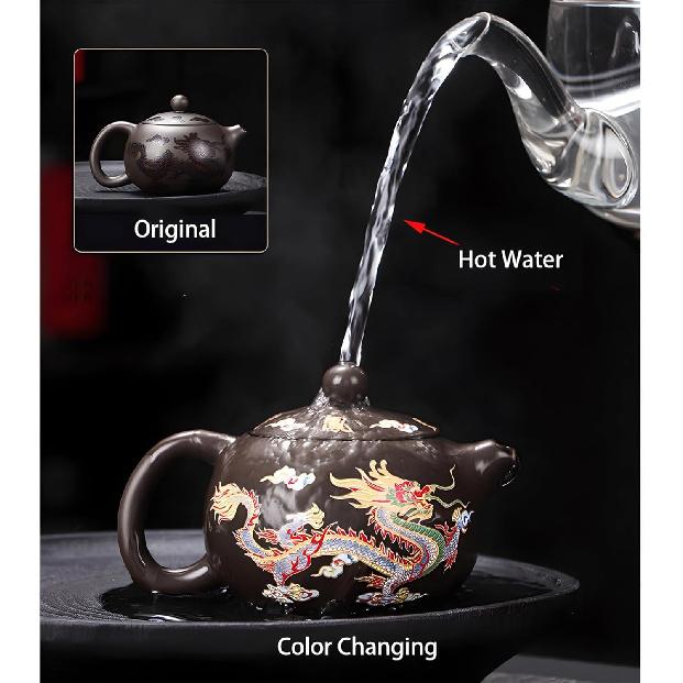 Hand-made Dragon and Phoenix Color-changing Purple Clay Teapot Zisha Tea Set Kettle Kung Fu Tea Pot Tea Lover‘s Gift (Teapot+2* Teacups)