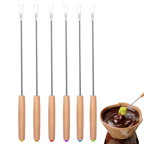

RuiChy Fondue Forks, Set of 6, Stainless Steel with Wooden Handles, Long Handles, Reusable, Cheese Fondue Forks, BBQ Forks, Cake, Chocolate, Fruit, Od