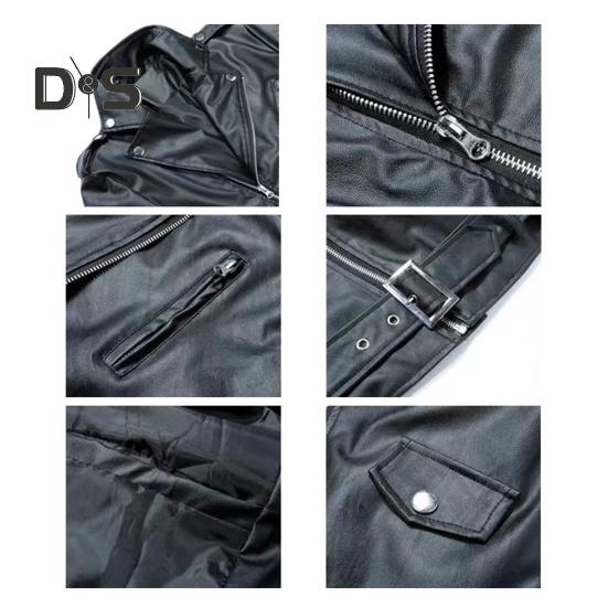 Men Jacket Slim Fit Faux Leather Solid Color Coat with Diagonal Zipper Belt Adjustment Windproof Coat
