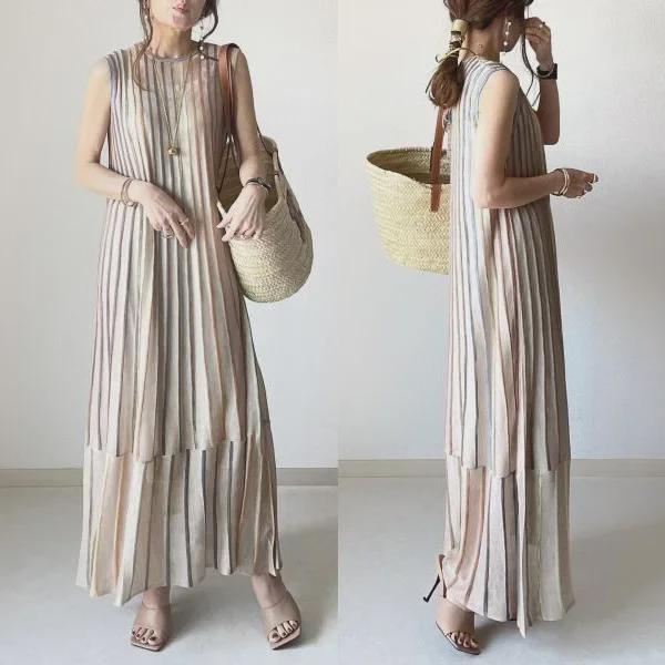 

2024 Summer Striped Sleeveless Jacquard Knit Dress Medium