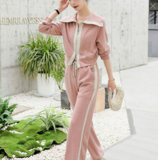 

Женский весенний маленький европейский стиль уличная одежда комплект из двух предметов толстовка и брюки 2XL розовый