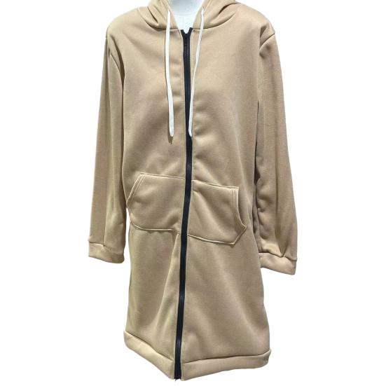 Women Sweatshirt Coat Hooded Adjustable Drawstring Long Sleeve Coat with Pockets Solid Color Mid-length