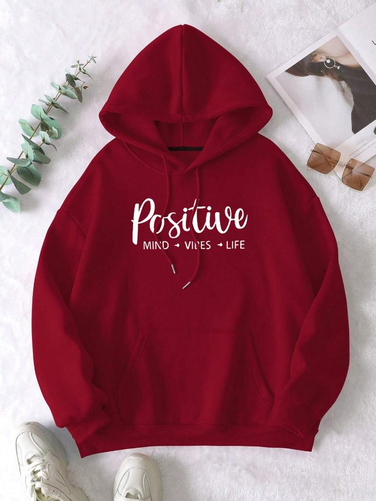 Positive Mind Vibes Life Art Letter Printed Women Hoodies Fleece Harajuku Hoody Casual Loose Y2K Clothes Pocket Autumn Pullover