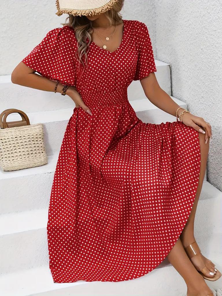 2026 European and American women's clothing spring and summer new express buy hot sale V-neck polka dot pullover casual dress